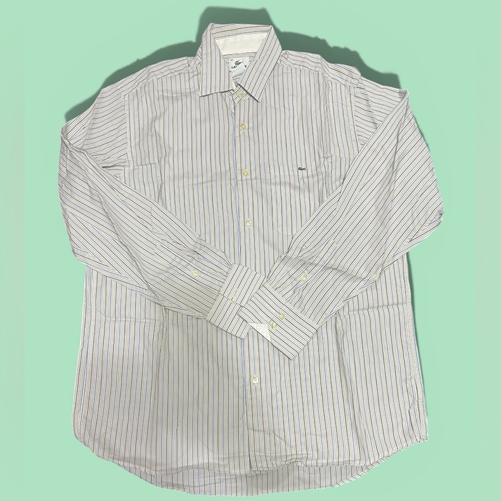 Lacoste Shirt Mens 42” L” Striped Long Sleeve Logo Casual 100% Cotton